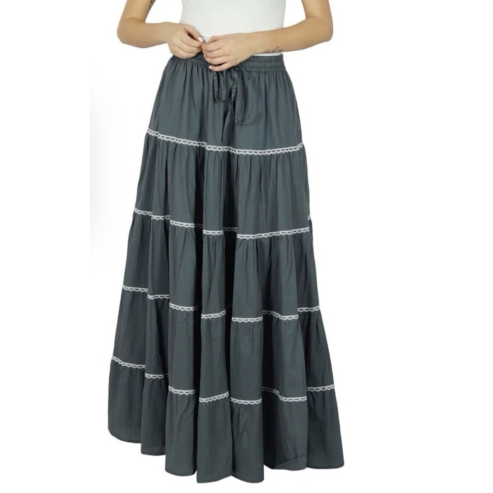 Bimba Full Cotton Long‎ Maxi Skirt OS Gray Boho Tiered Peasant Lace Cottagecore